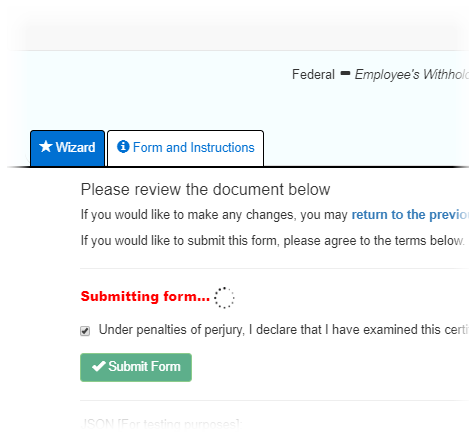 Screenshot: Tax form review page after submitting, showing a Submitting form... status message